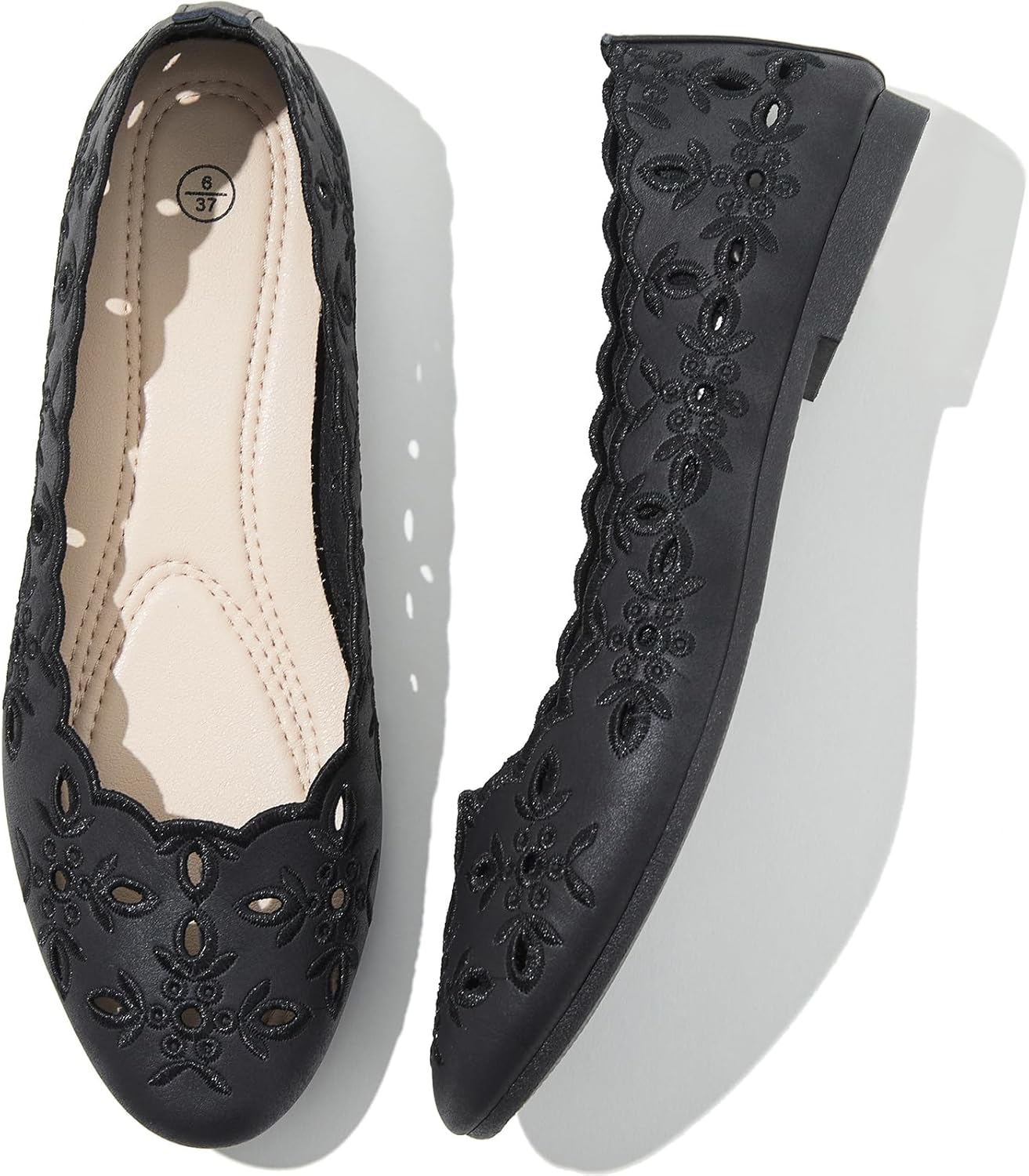 womens comfortable dress shoes ballet flats slip on shoes black flats round toe pu leather flats summer with floral eyelets