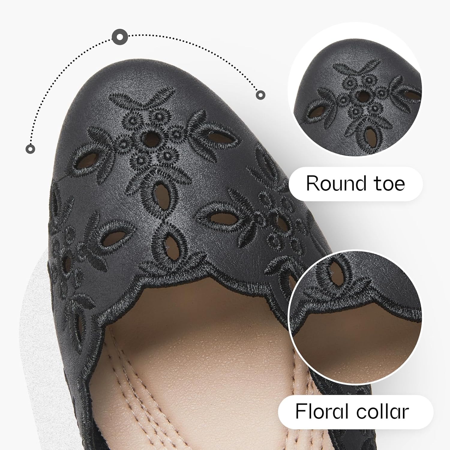womens comfortable dress shoes ballet flats slip on shoes black flats round toe pu leather flats summer with floral eyelets